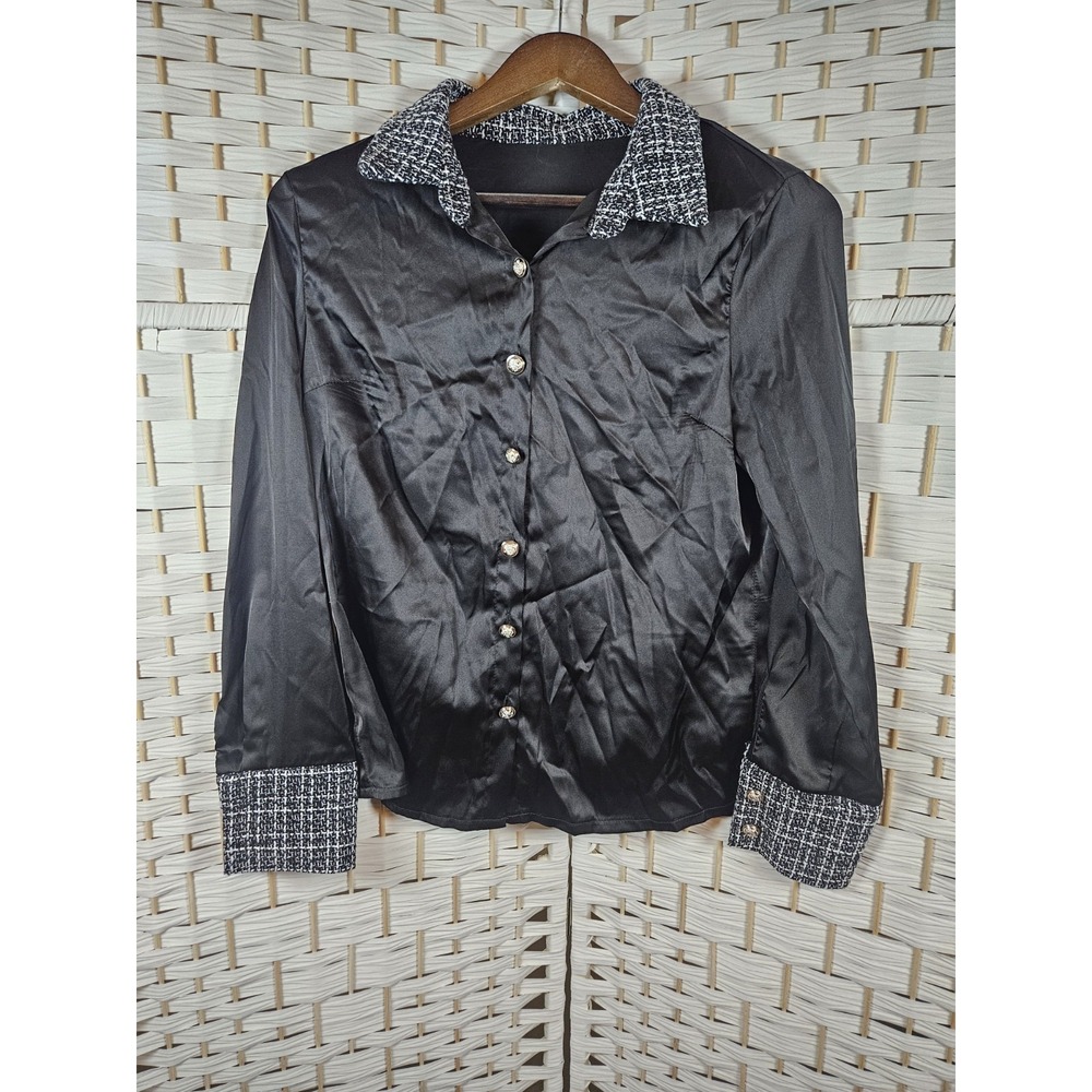 Shein Womens Black Satin Tweed Collar Button Up Blouse Classic Work Career